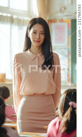 Inspiring Korean teacher engaging with students in a bright classroom setting during a weekday morning Inspiring Korean teacher engaging with students in a bright classroom setting during a weekday morning 131766593