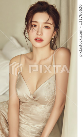 Model poses gracefully in elegant dress against soft background in a serene room setting Model poses gracefully in elegant dress against soft background in a serene room setting 131766620
