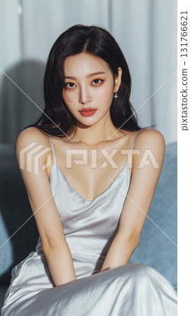 Elegant woman in sleek silver dress poses gracefully in a soft-lit indoor setting during evening hours Elegant woman in sleek silver dress poses gracefully in a soft-lit indoor setting during evening hours 131766621
