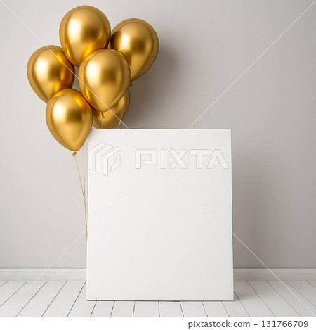 Gold balloons with blank white square poster mockup on neutral wall and wooden floor 131766709