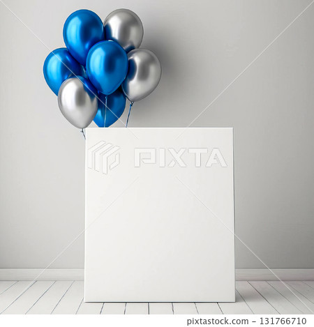 Blue and silver balloons with blank square poster mockup on neutral wall and white wooden floor Blue and silver balloons with blank square poster mockup on neutral wall and white wooden floor 131766710
