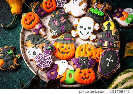 Halloween cookies in shape of ghost, jack-o-lantern and skull 131766741