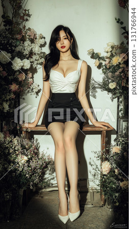 Elegant Asian woman posing in a floral setting with a chic outfit and high heels during daylight hours Elegant Asian woman posing in a floral setting with a chic outfit and high heels during daylight hours 131766944