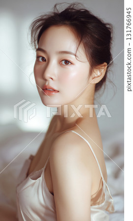 Young Korean woman in simple attire poses elegantly, revealing natural beauty in soft light Young Korean woman in simple attire poses elegantly, revealing natural beauty in soft light 131766945