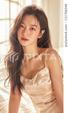 Korean woman with long hair wearing a silk dress in a sunlit room during the day Korean woman with long hair wearing a silk dress in a sunlit room during the day 131766946
