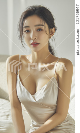 Korean woman in elegant silk outfit poses gracefully indoors in soft natural light Korean woman in elegant silk outfit poses gracefully indoors in soft natural light 131766947