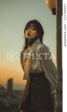 Young Korean woman poses elegantly during sunset against city backdrop, capturing serene mood in soft light Young Korean woman poses elegantly during sunset against city backdrop, capturing serene mood in soft light 131766957