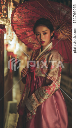 Young woman in traditional hanbok holding a red umbrella in a cultural street setting during evening hours 131766963