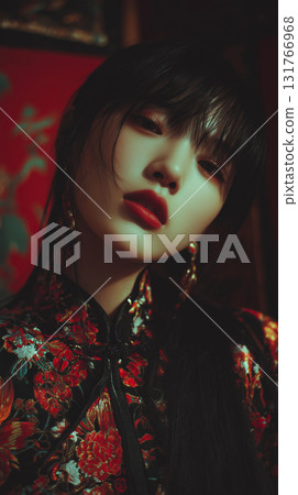 Elegant Korean woman in traditional floral outfit poses against a vibrant red backdrop in a serene setting Elegant Korean woman in traditional floral outfit poses against a vibrant red backdrop in a serene setting 131766968