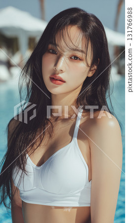 Young Asian woman posing by a swimming pool in bright sunlight with a serene expression in a modern resort setting 131766988