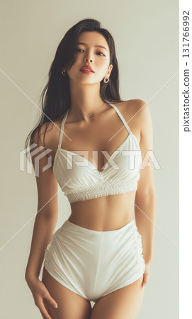 Woman in white swimsuit poses gracefully in a minimalistic studio setting during daylight hours Woman in white swimsuit poses gracefully in a minimalistic studio setting during daylight hours 131766992