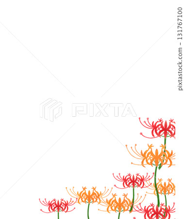 Watercolor frame of red and orange spider lilies | Autumn Japanese-style design, message card, seasonal stationery, poster 131767100
