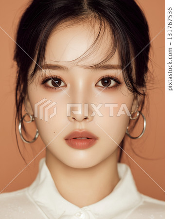 Korean woman posing for a beauty shoot with natural makeup in a warm-toned background 131767536