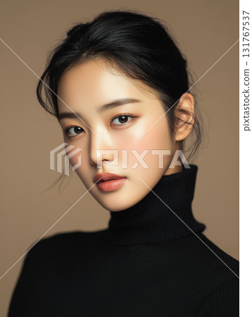 Elegant portrait of a young Asian woman showcasing natural beauty and style in a simple setting 131767537