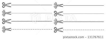 Scissors black line cutter set, monochrome shears with cutting lines. Cut lines across paper pages, vector signs in various styles Scissors black line cutter set, monochrome shears with cutting lines. Cut lines across paper pages, vector signs in various styles 131767611