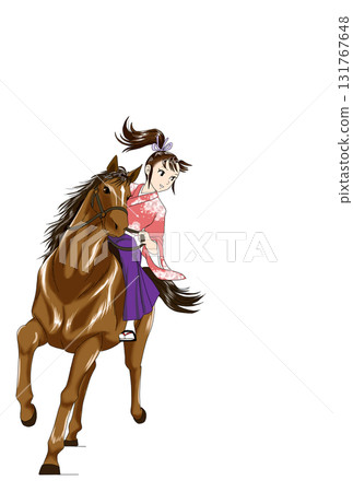 New Year's card material: A girl in a hakama riding a horse 131767648