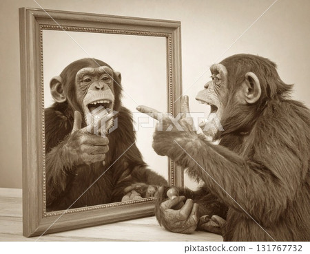 Chimpanzee smiling in the mirror Chimpanzee smiling in the mirror 131767732