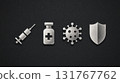 Vaccine Icons, Vial, Syringe, and Shield Protecting from Virus 131767762