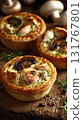 Photorealistic Chicken and Mushroom Tartlets on White Plate, Elegant Food Photography 131767801