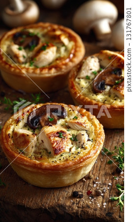 Photorealistic Chicken and Mushroom Tartlets on White Plate, Elegant Food Photography 131767801