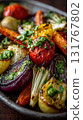 Photorealistic Dish of Roasted Vegetables with Pesto Sauce, Gourmet Food Photography 131767802