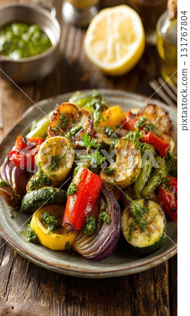 Photorealistic Dish of Roasted Vegetables with Pesto Sauce, Gourmet Food Photography Photorealistic Dish of Roasted Vegetables with Pesto Sauce, Gourmet Food Photography 131767804