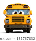 Vector School Bus Front View, Cartoon Style Yellow Bus with Smiling Face 131767832