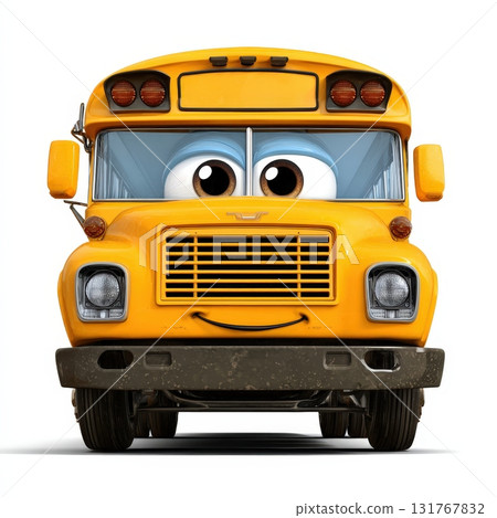 Vector School Bus Front View, Cartoon Style Yellow Bus with Smiling Face 131767832