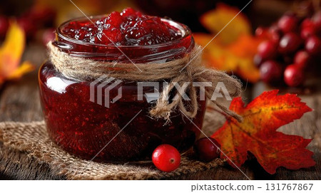 Glass jar of homemade cranberry jam with twine decoration, surrounded by autumn leaves and berries, evoking cozy fall and Thanksgiving vibes 131767867