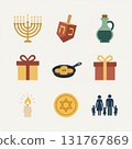 vector illustration set featuring Hanukkah symbols: menorah, dreidel, candle, oil jug, gift, latkes, and family icon. holiday decor, educational graphics, festive materials. Vector illustration 131767869