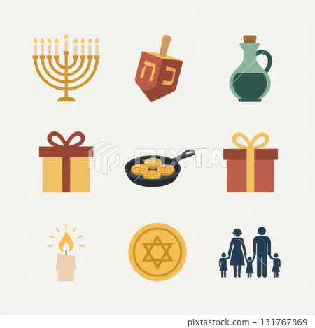 vector illustration set featuring Hanukkah symbols: menorah, dreidel, candle, oil jug, gift, latkes, and family icon. holiday decor, educational graphics, festive materials. Vector illustration 131767869