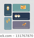 vector set of cozy winter icons including lantern, book, coffee mugs, footprints, and telescope. Calm pastel color palette, perfect for seasonal illustrations, hygge lifestyle. Vector illustration 131767870