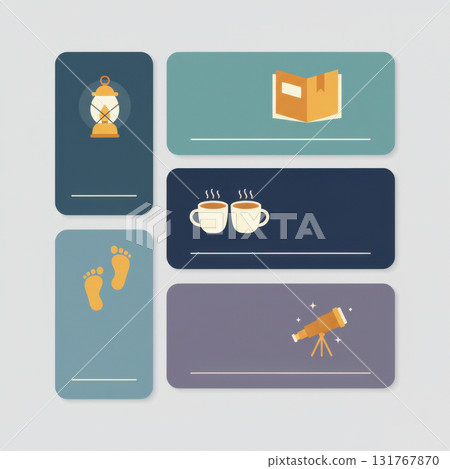 vector set of cozy winter icons including lantern, book, coffee mugs, footprints, and telescope. Calm pastel color palette, perfect for seasonal illustrations, hygge lifestyle. Vector illustration 131767870