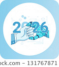 Vector illustration of human and robotic hands shaking with number 2026, symbolizing technology partnership, AI collaboration, and digital future. Vector illustration 131767871