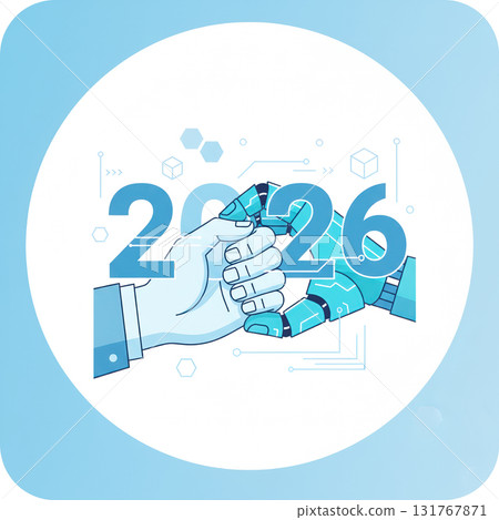 Vector illustration of human and robotic hands shaking with number 2026, symbolizing technology partnership, AI collaboration, and digital future. Vector illustration 131767871
