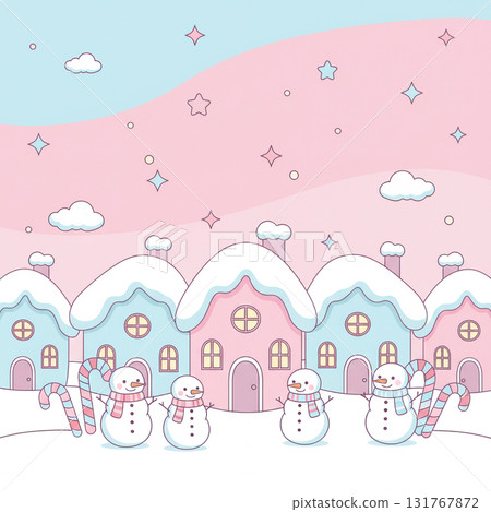 Cute pastel winter scene with snowmen, candy canes, and snowy houses under pink and blue sky, cozy Christmas and holiday background illustration. Vector illustration 131767872