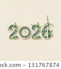 Eco-friendly 2026 design with leaves, wind turbine, and renewable energy symbols, representing sustainability, nature, and clean technology future. Vector illustration 131767874