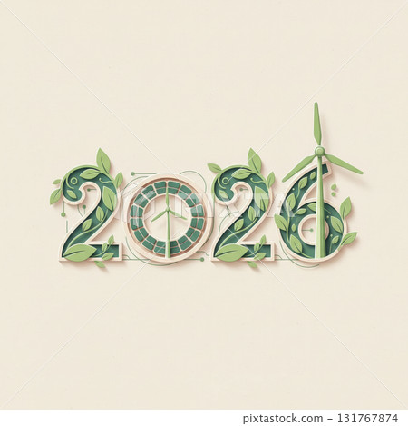 Eco-friendly 2026 design with leaves, wind turbine, and renewable energy symbols, representing sustainability, nature, and clean technology future. Vector illustration 131767874
