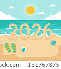 Bright summer vector with 2026 drawn in sand, sunny sky, flip-flops, and sea waves, representing tropical beach vacation and holiday celebration. Vector illustration 131767875