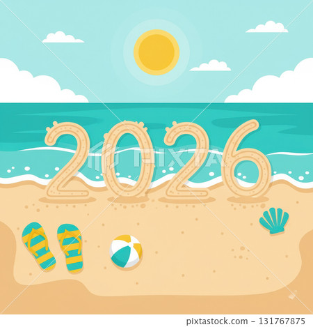 Bright summer vector with 2026 drawn in sand, sunny sky, flip-flops, and sea waves, representing tropical beach vacation and holiday celebration. Vector illustration 131767875