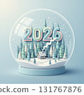 Festive snow globe with winter forest, cozy cabin, and colorful 2026 numbers, charming paper craft style Christmas and New Year decoration concept. Vector illustration 131767876