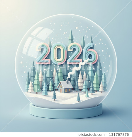 Festive snow globe with winter forest, cozy cabin, and colorful 2026 numbers, charming paper craft style Christmas and New Year decoration concept. Vector illustration 131767876
