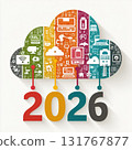 Colorful infographic vector of cloud shape with digital icons and 2026 typography, symbolizing innovation, data storage, and cloud technology future. Vector illustration 131767877