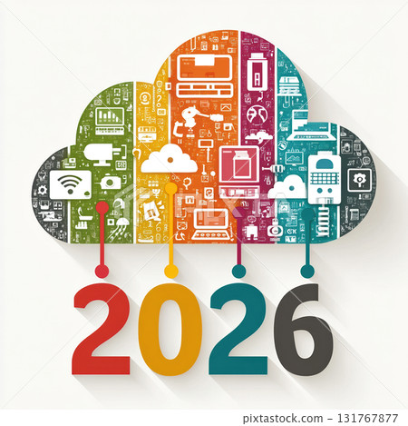 Colorful infographic vector of cloud shape with digital icons and 2026 typography, symbolizing innovation, data storage, and cloud technology future. Vector illustration 131767877