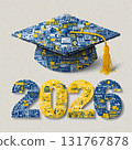 Creative graduation hat and 2026 number made of educational icons in blue and yellow colors, symbolizing learning, success, and future achievement.. Vector illustration 131767878