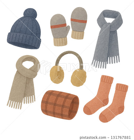 各種冬季配件 | 海軍藍和橙色點綴 | 柔和的水彩畫 131767881