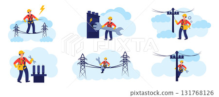 Electric power line technicians vector illustration set. Utility workers repairing power grid, installing cables, maintenance of electrical transmission towers and equipment. Energy industry concept 131768126