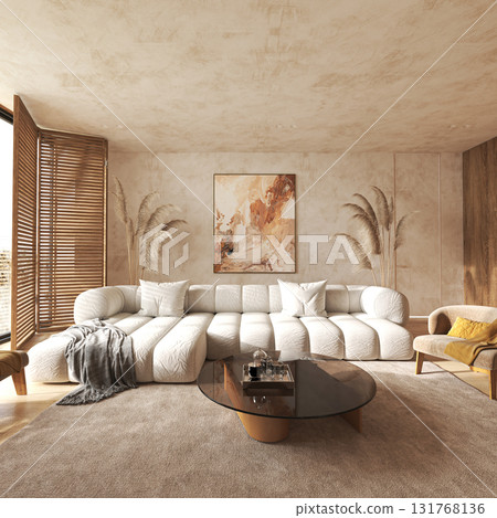 Modern boho living room with abstract wall art Modern boho living room with abstract wall art 131768136