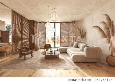 Bohemian neutral living room with wooden shutters Bohemian neutral living room with wooden shutters 131768142