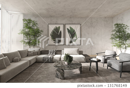 Modern minimalist living room with botanical wall art 131768149